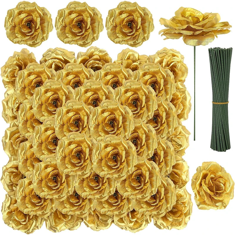 5/10/20Pcs 8cm Gold Blossom Silk Rose Artificial Flower Heads for Home Room Wedding Valentine's Day Decorations Fake Flowers