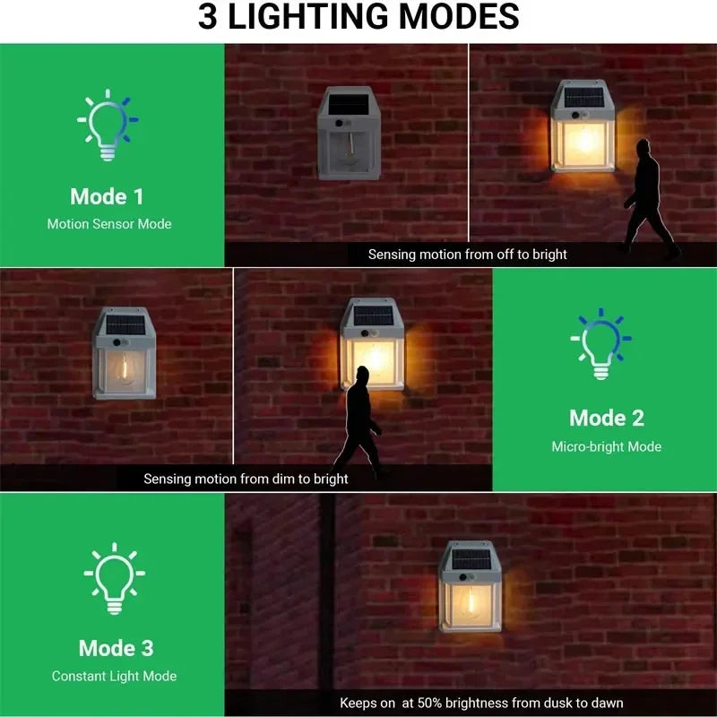 Lampada solare da parete con sensore movimento, 3 modalità, IP65, per giardino