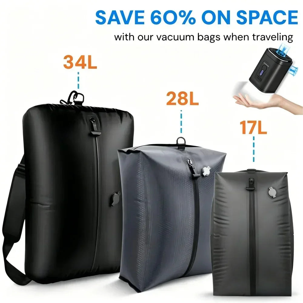 Sacchetti compressione sottovuoto 60% con pompa USB, 17‑34 L per valigia