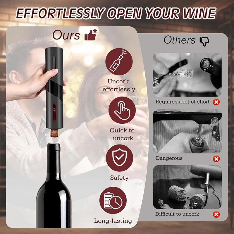 Apertura elettrica per vino con supporto, tagliacapsula, versatore e tappo