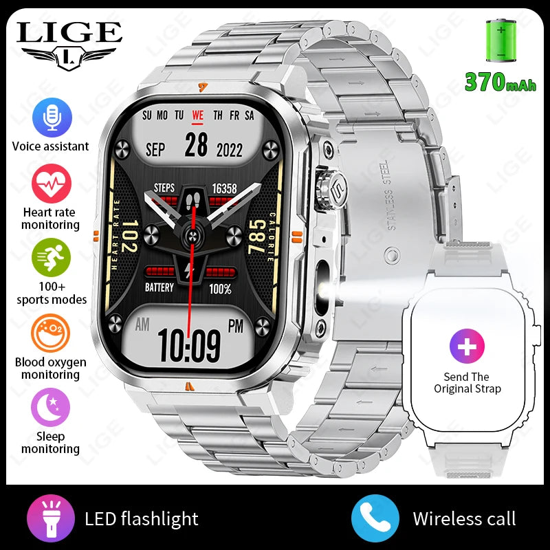 Smartwatch sportivo 2.01\" HD con chiamata, assistente vocale, torcia - IP68