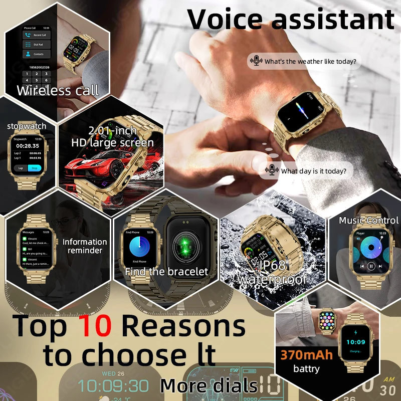 Smartwatch sportivo 2.01\" HD con chiamata, assistente vocale, torcia - IP68