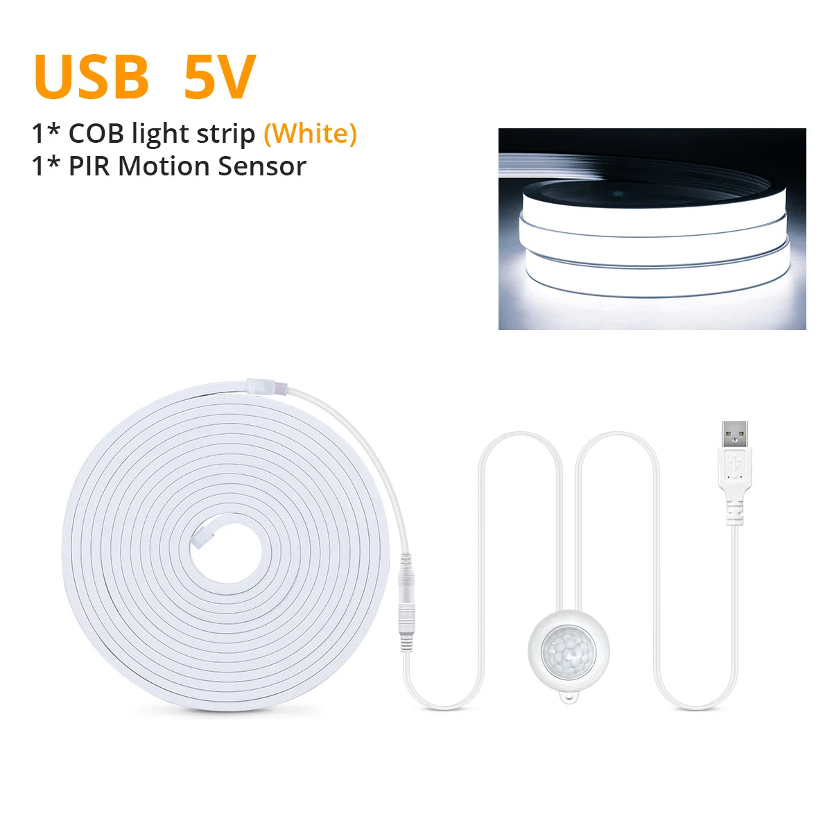 Striscia LED Neon COB con Sensore di Movimento, 320 LED/m, 5V USB, Impermeabile