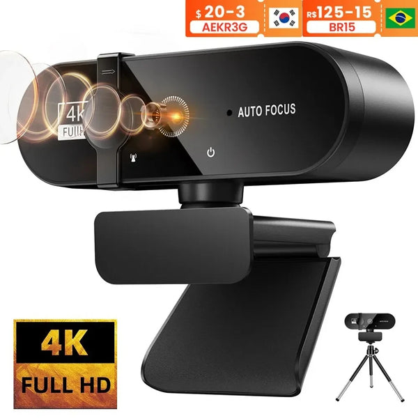 Webcam 4K Ultra HD con Autofocus, Microfono e USB 2.0 – Compatibile PC e Laptop