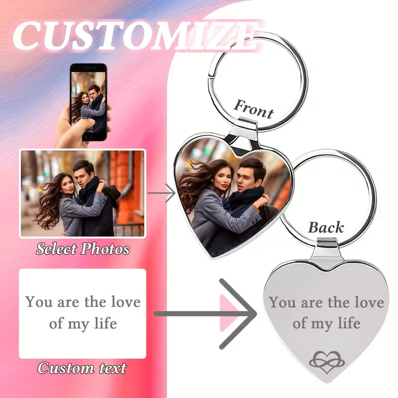 Customisable Heart-Shaped Keychain, Can Add Photo and Text - Personalised Gift for Him/Her