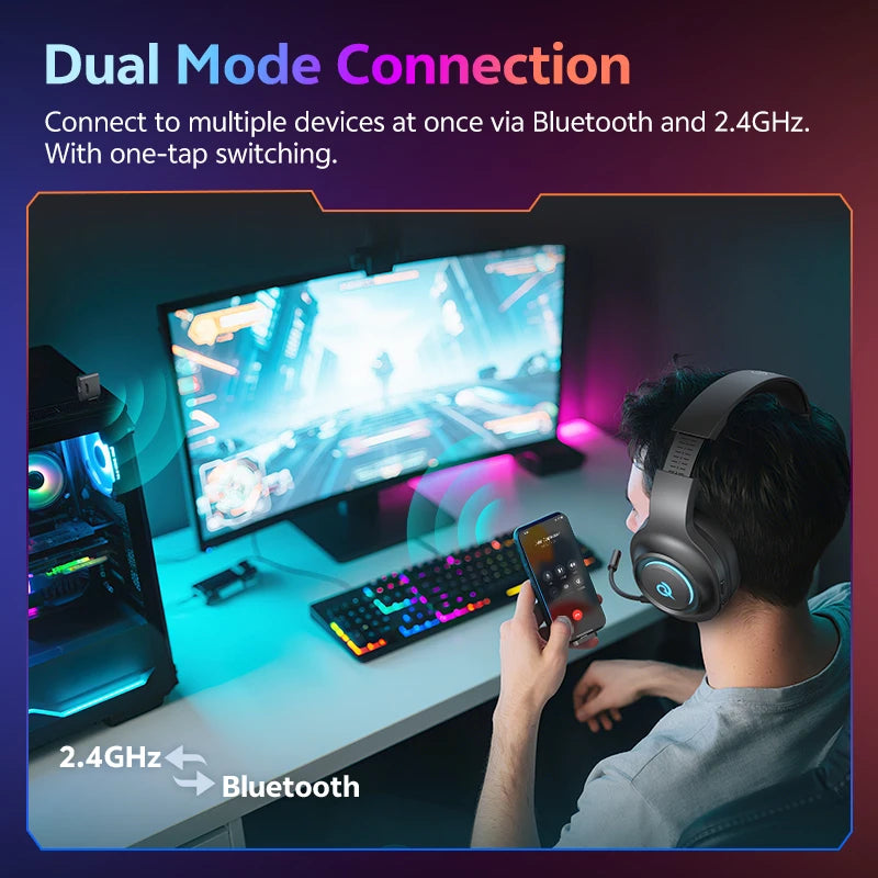 Cuffie Gaming Over-Ear Wireless 7.1 Surround, 50 mm, RGB e Mic Detrattile