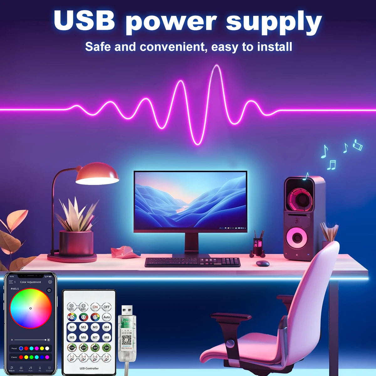 Striscia LED RGBIC 5V impermeabile con telecomando Bluetooth – 1‑10 m