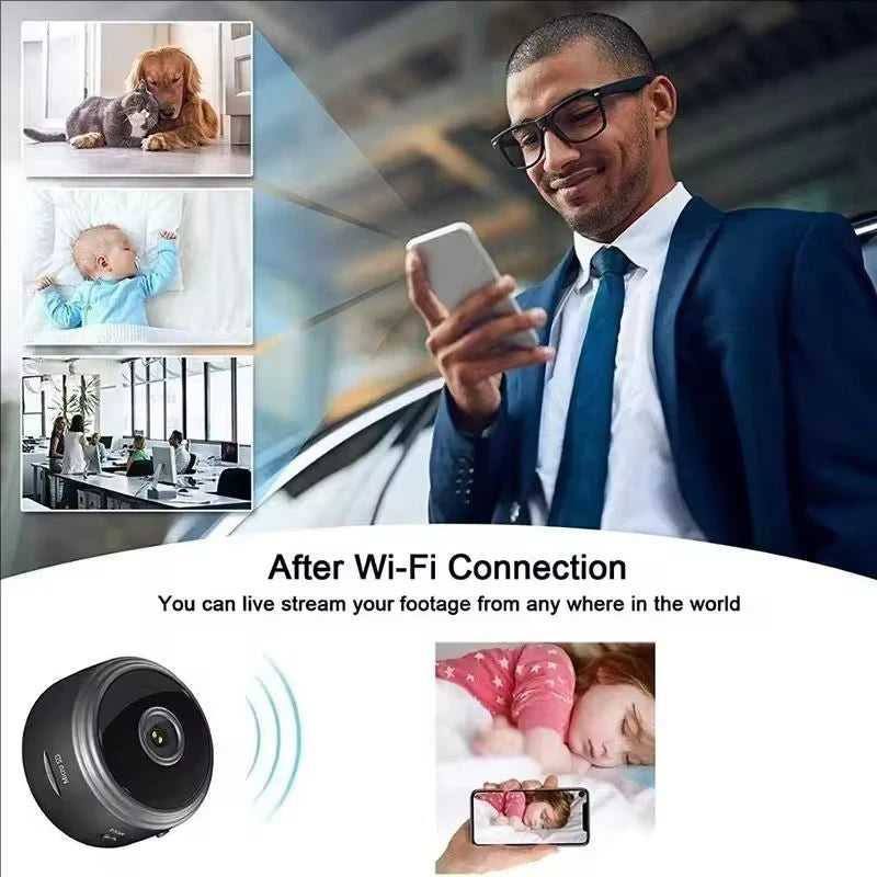 Mini camera Wi‑Fi HD 720P con visione notturna e batteria ricaricabile