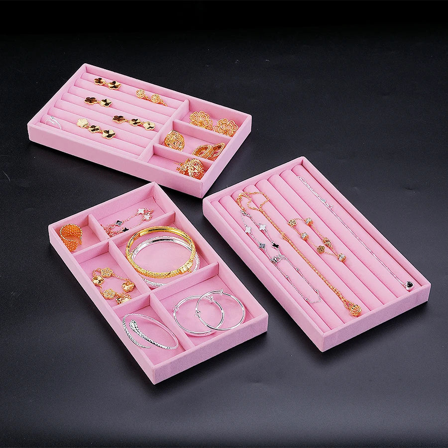 Scatola porta gioielli in velluto rosa – Elegante vassoio con finitura flocking