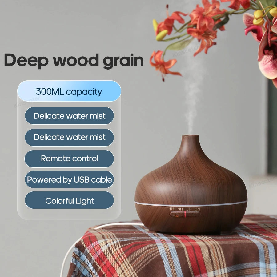 Diffusore ad aromaterapia ultrasuoni 300 ml con design legno, 3 timer e luce USB