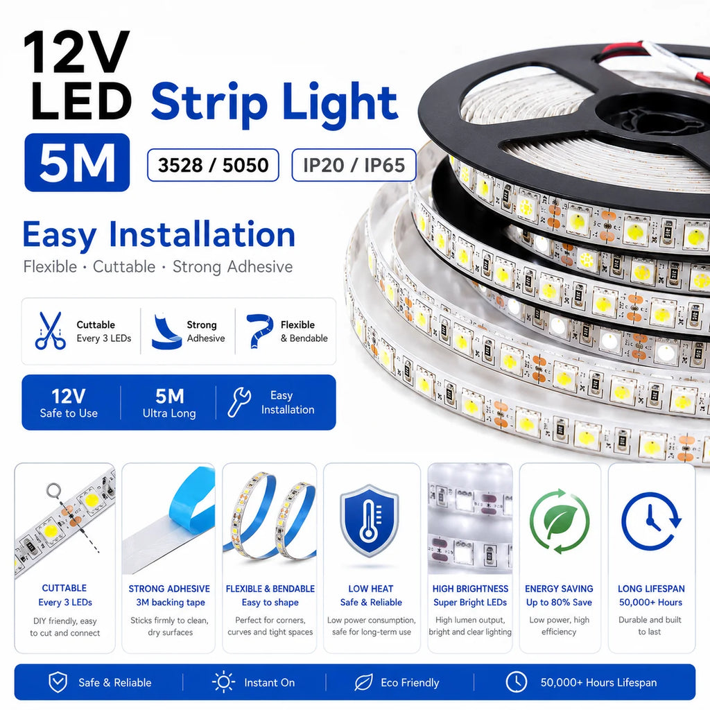 Striscia LED RGB 12V 5 m, 3528/5050, rosso, verde, blu e bianco caldo