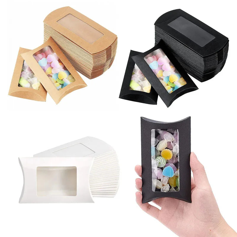 10/20/30/50/pcs Pillow Shape Candy Box with Window Wedding Christmas Kraft Paper Gift Packaging Boxes Birthday Party Supplies