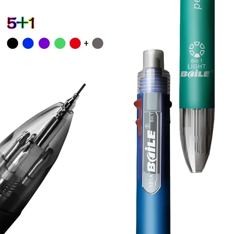 Set 6 in 1 Penna a sfera multicolore + matita meccanica con gomma, 5 colori