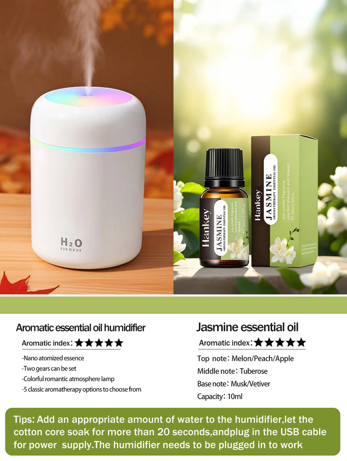 Diffusore Aromaterapico 300ml USB Luce a 7 Colori, Umidificatore per Casa e Auto