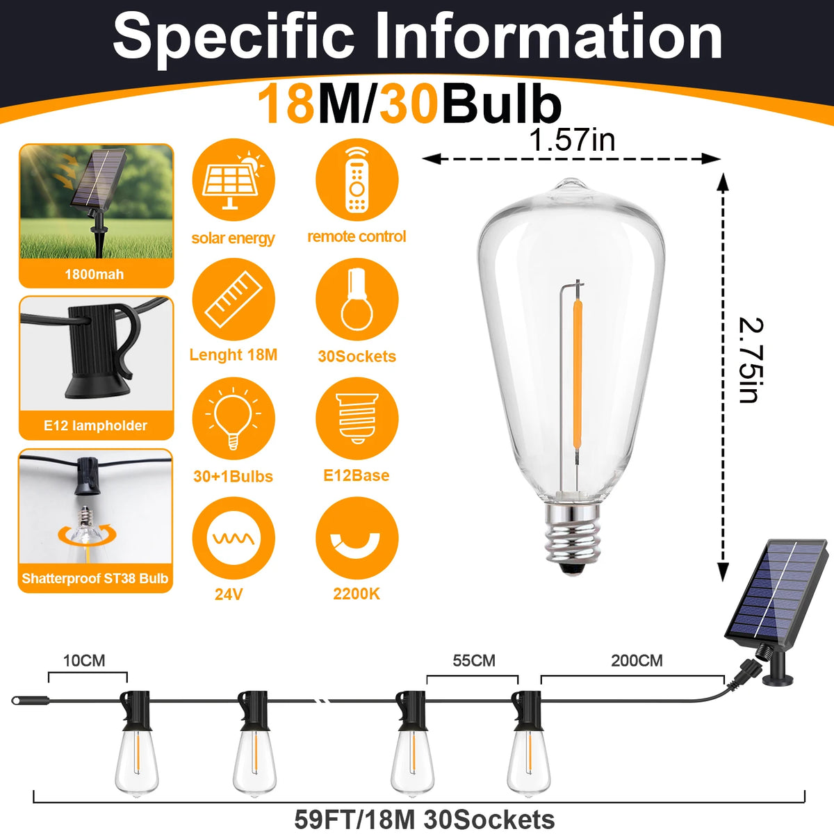 Luci a LED solari G40 con telecomando, ricarica USB, 8 modalità, impermeabili