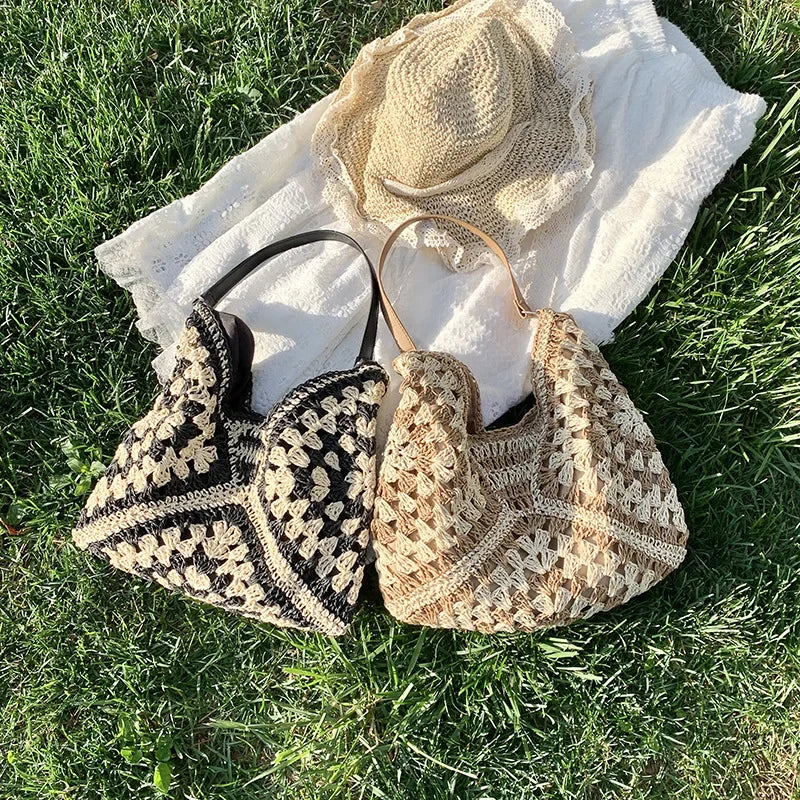 Popular Women's Woven Straw Shoulder Bag Medium Size Handbag with Handle for Beach Vacation Tote Large Capacity Beach Bags