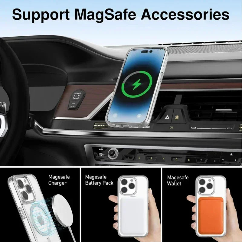 Magnetic Original Clear Case For iPhone 17 16 15 14 13 12 18 Pro Max Plus Mini Air Funda For Magsafe Silicone Transparent Cover