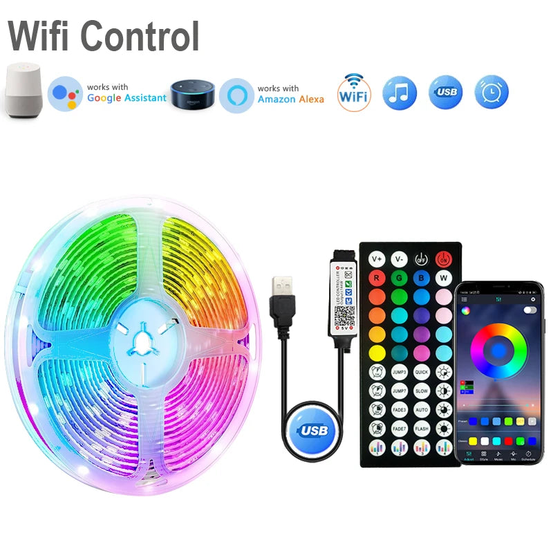 1-20M Led Light Strip with USB Plug 5050 Multicolor RGB TV Background Light Bar Game Room Family Party Decoration Night Light