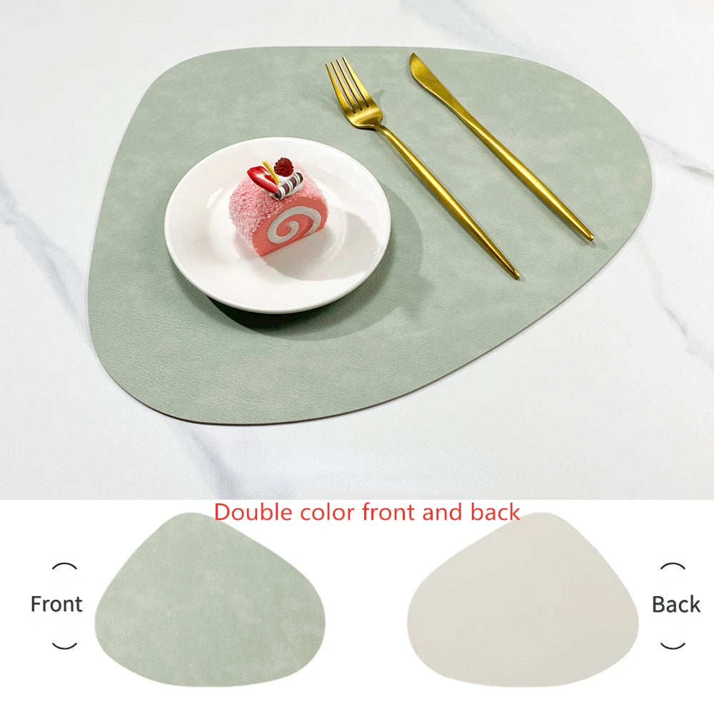 Double Sided Anti Slip PU Insulation Pad Table Mat, Nordic Style Imitation Cowhide Pattern Water Droplet Shaped Leather Placemat