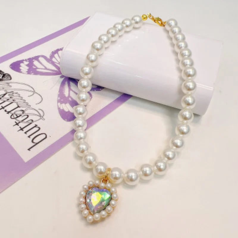 Collarino con Ciondolo a Cuore e Perla Falsa per Gatti e Cani – Fashion