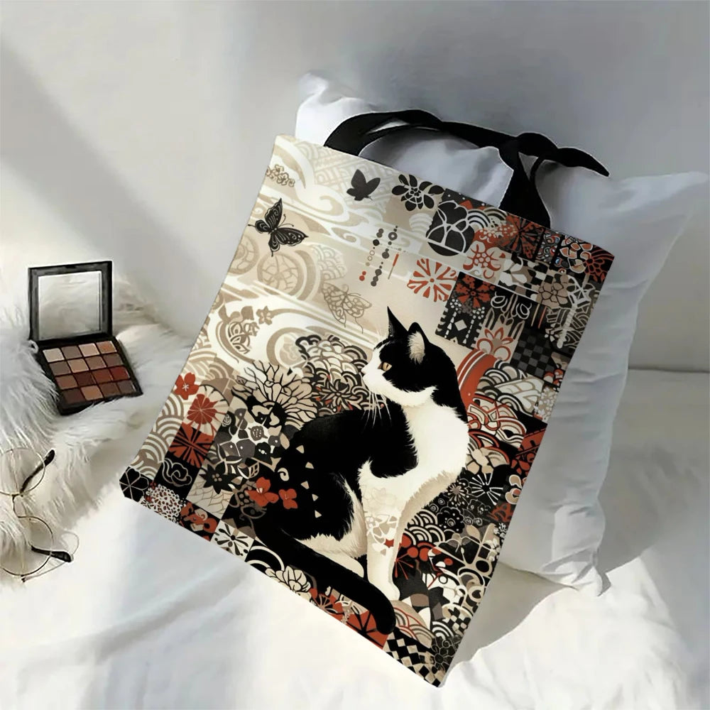 Borsa tote quadrata in lino bianco e nero con stampa gatto – shopper…