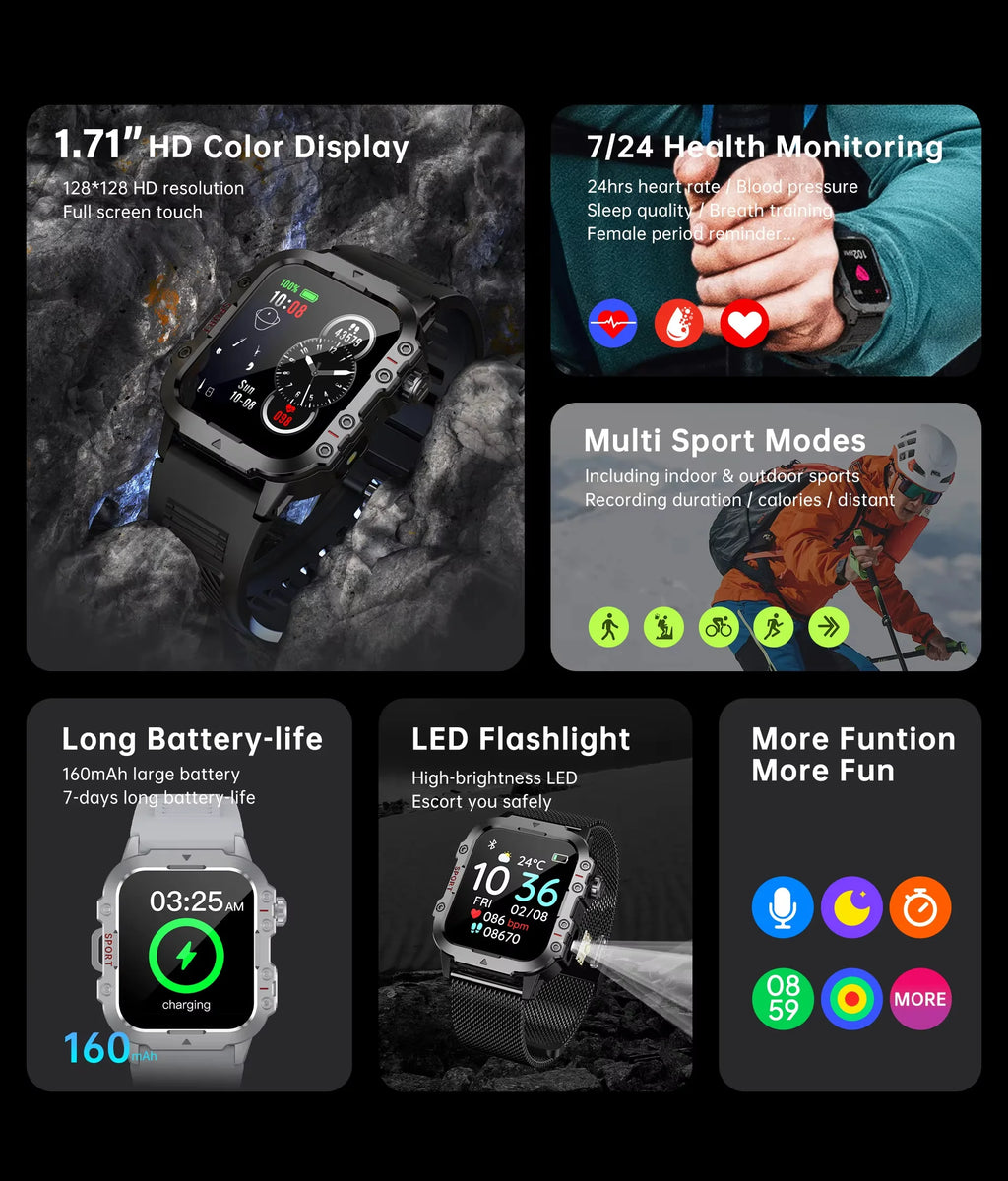 Smartwatch sportivo 2026 con monitor cardio, SpO2, sonno e torcia LED