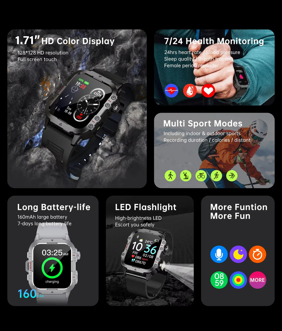 Smartwatch sportivo 2026 con monitor cardio, SpO2, sonno e torcia LED