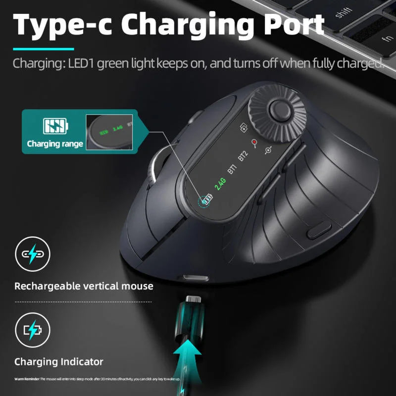 Mouse verticale wireless 2.4GHz e Bluetooth con LED e DPI 2400 ricaricabile