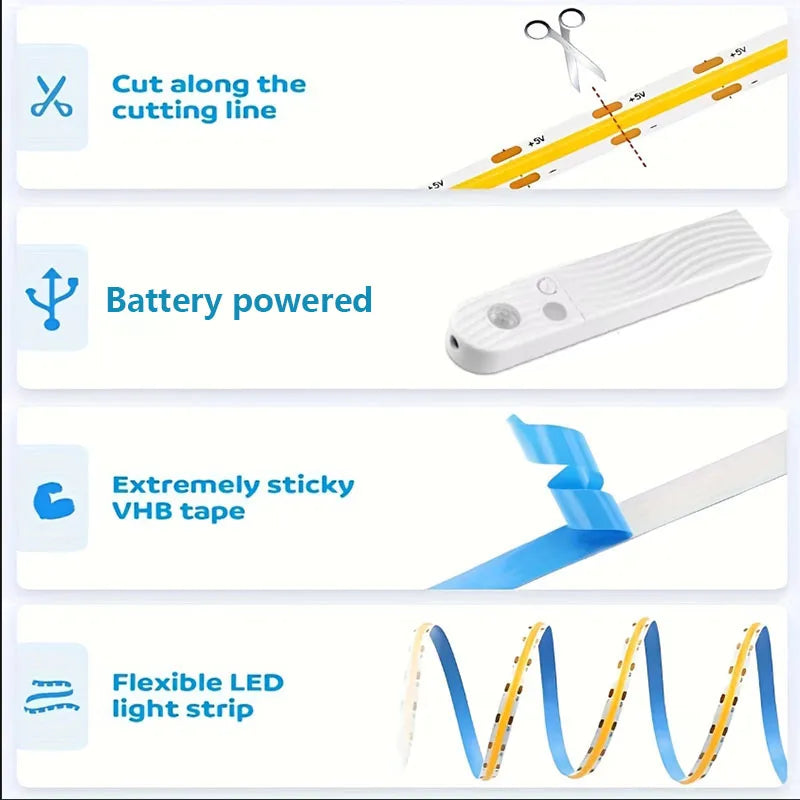 Striscia LED COB 5V 320 LED/m con sensore PIR a batteria, adesiva flessibile