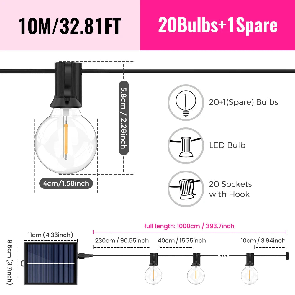 Catena LED solare G40 White con telecomando, 8 modalità, luminosità regolabile