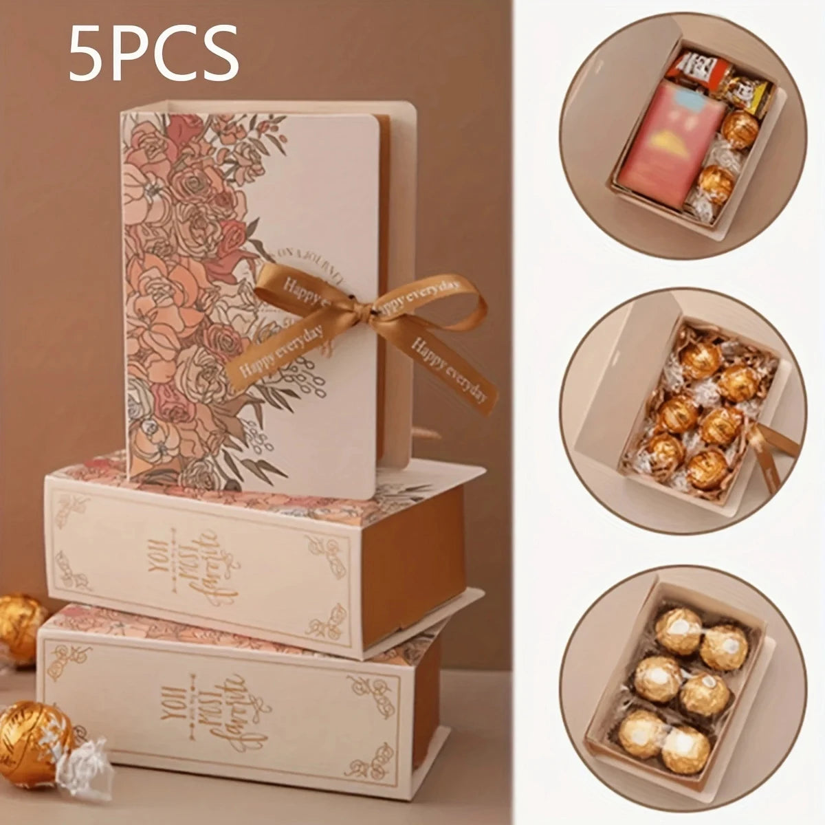 5Pcs Book Shape Gift Box Ith Ribbon Paperboard Candy Chocolate Present Packaging Box For Party, Wedding, Birthday Party gift box