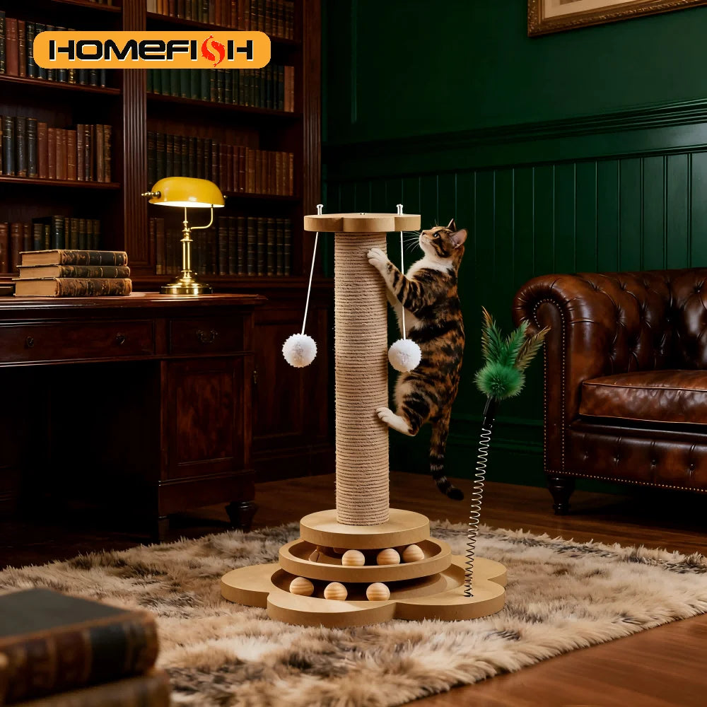Gioco Gatto in Legno con Disco Rotante e Palline – Tappetino Graffiabile Sisal