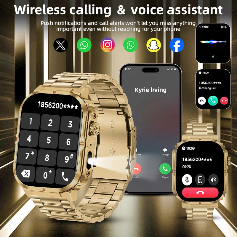 Smartwatch sportivo 2.01\" HD con chiamata, assistente vocale, torcia - IP68