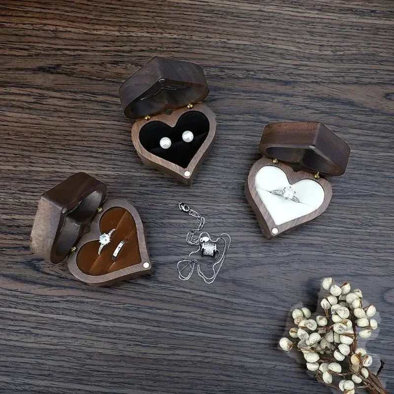 Classical Heart Shape Wedding Ceremony Ring Box Walnut Wood Jewelry Boxes Proposed Wedding Jewellery Storage Organizer Ring Box