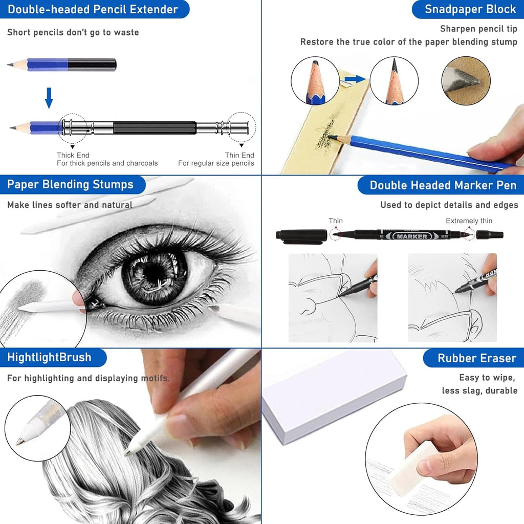 Set di disegno con matite grafite e carbone e quaderno a 3 colori per sfumare