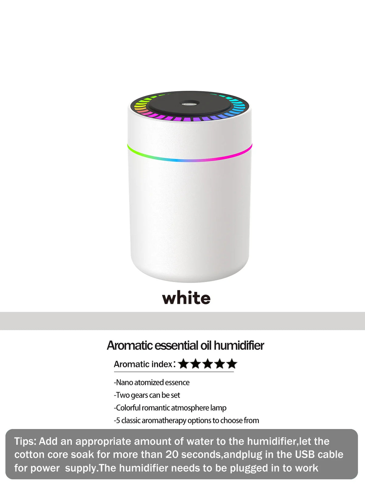 Diffusore Umidificatore 180 ml USB con LED 7 Colori e Aromaterapia