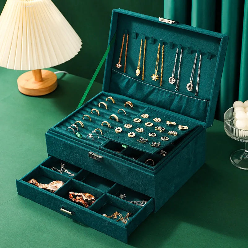 New Vintage Style Green Velvet Jewelry Box Double Lock Storage Box Necklace Earrings and Rings Jewelry Box Large Capacity