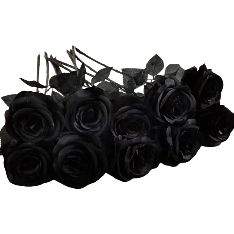 Artificial Black Roses Fake Flowers Long Stem With leaves for Halloween Home Decor Wedding Party Tabletop Bouquet DIY Creative