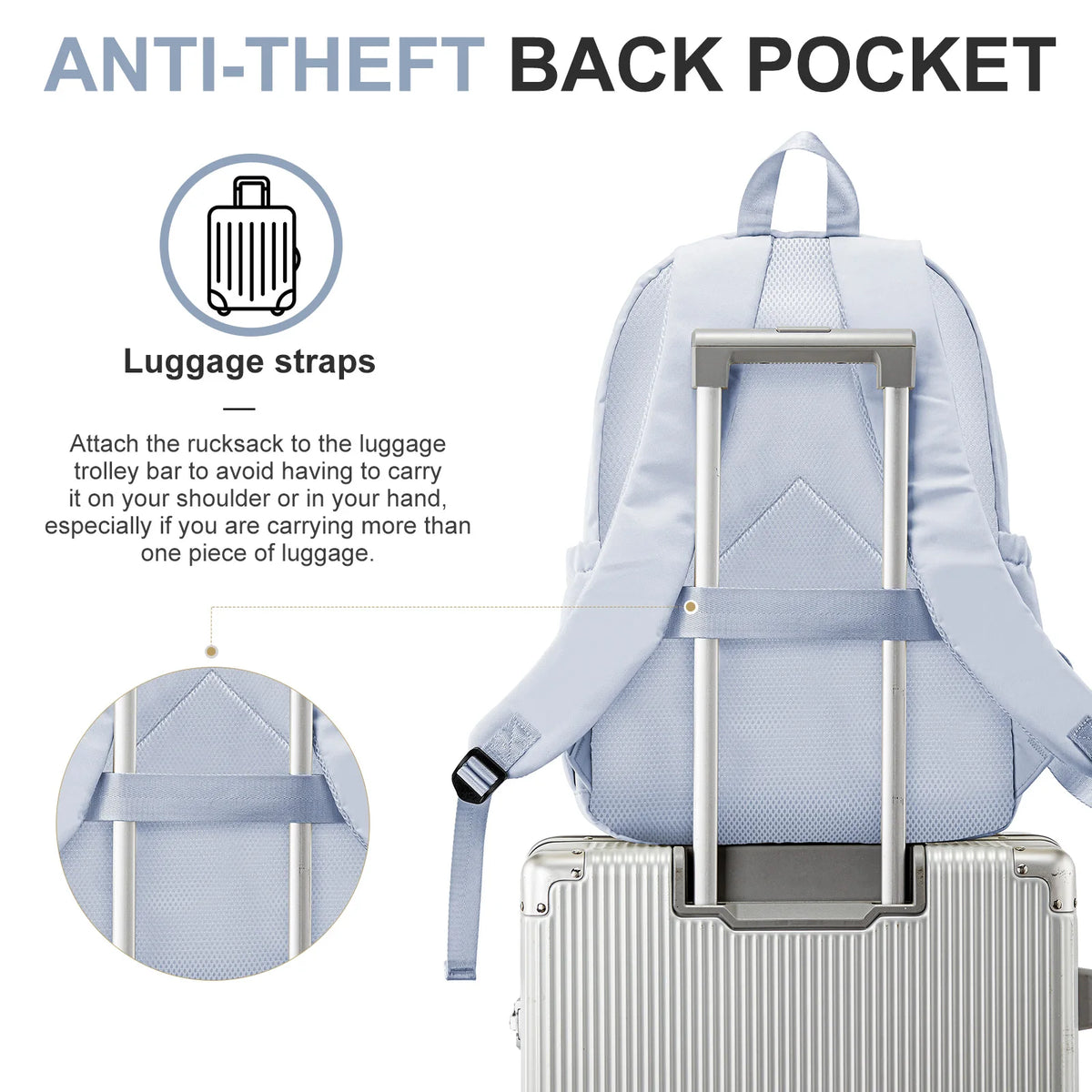 Sac à dos en nylon léger bleu, multi-poches, pour l'école et l'université
