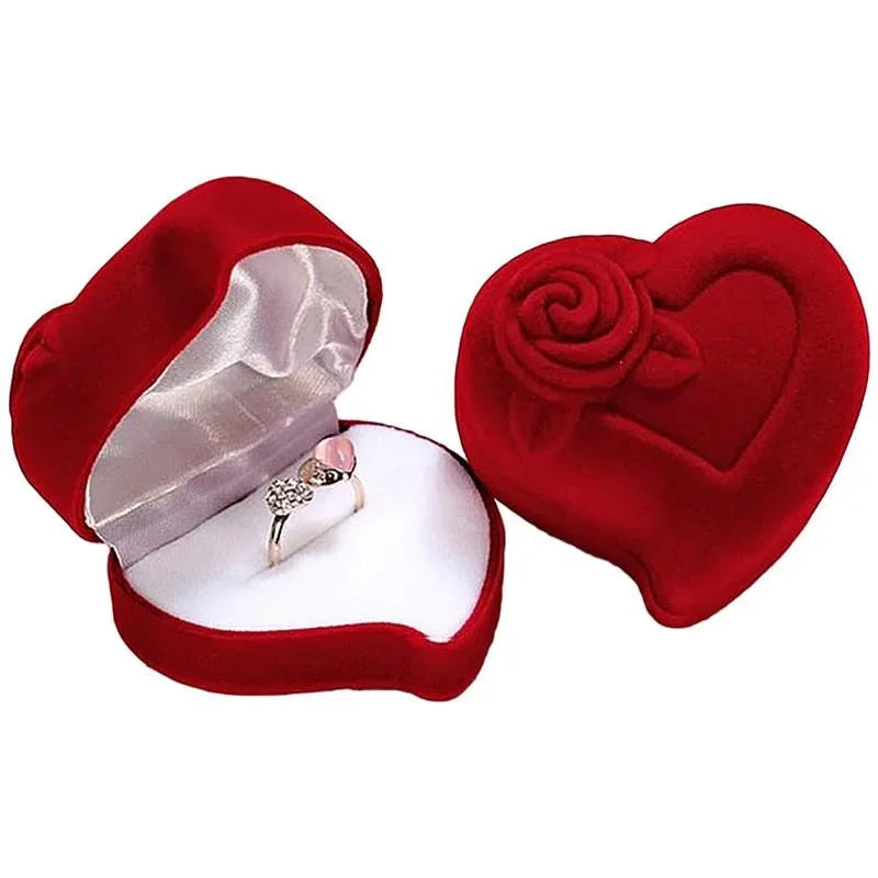 Heart Shape Velvet Ring Box Jewelry Display Engagement Wedding Jewelry Boxes Rose Flower Design Gifts Holder for Couple