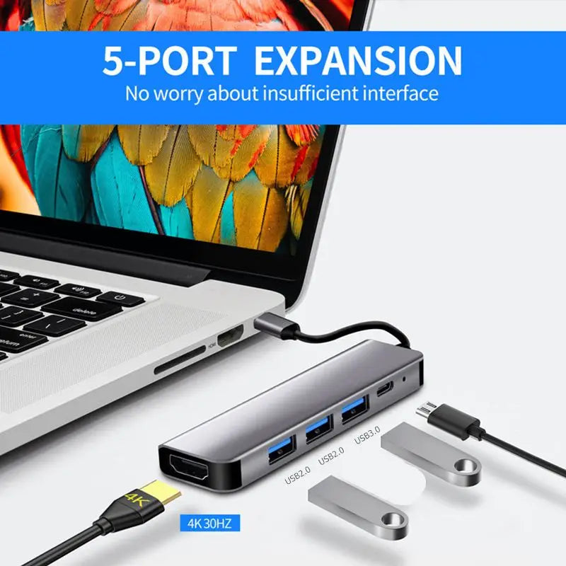 Hub USB‑C 5 porte: HDMI 4K 30 Hz, PD 87 W, USB 3.0 e USB 2.0 in metallo