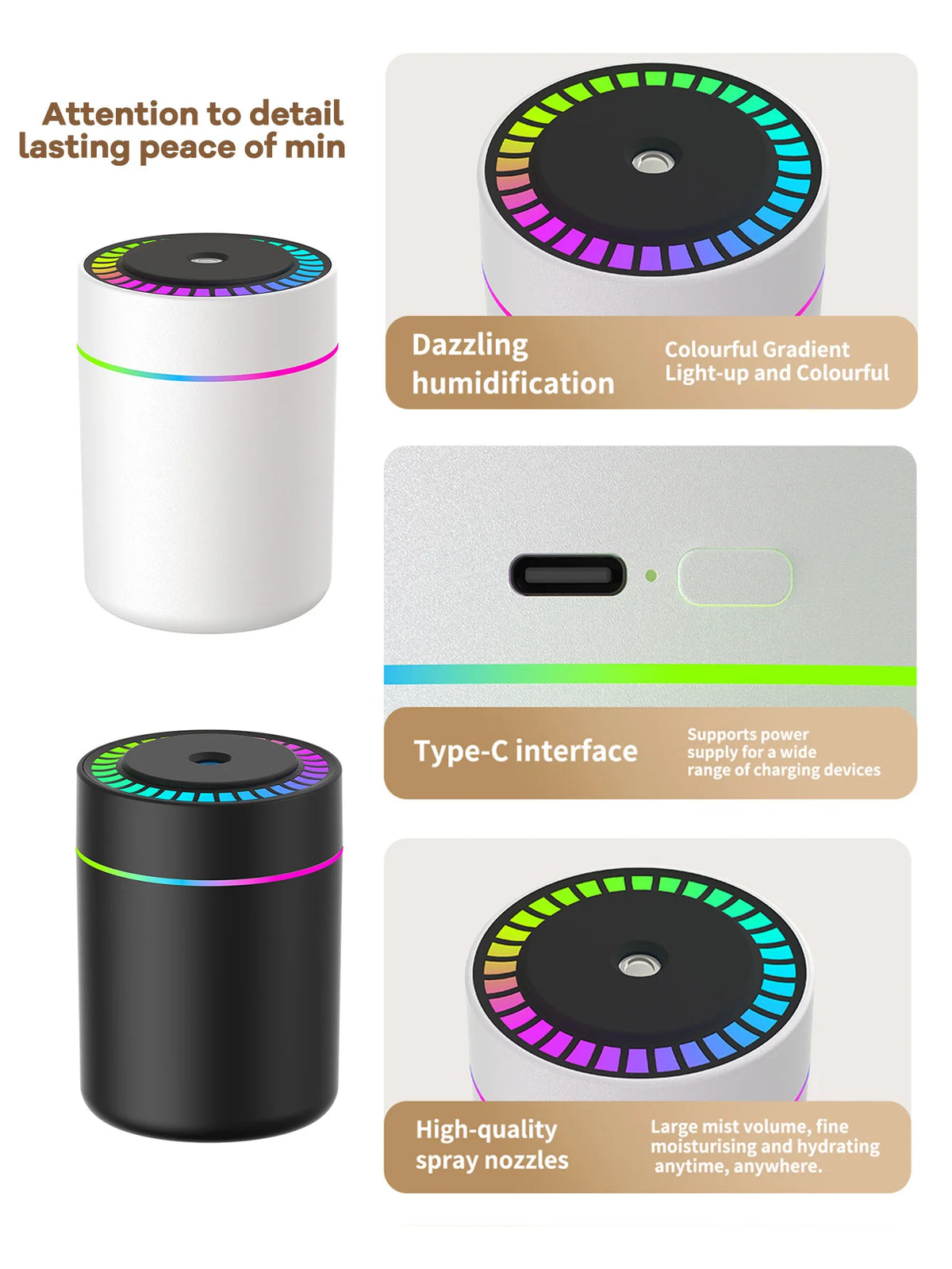 Diffusore Umidificatore 180 ml USB con LED 7 Colori e Aromaterapia