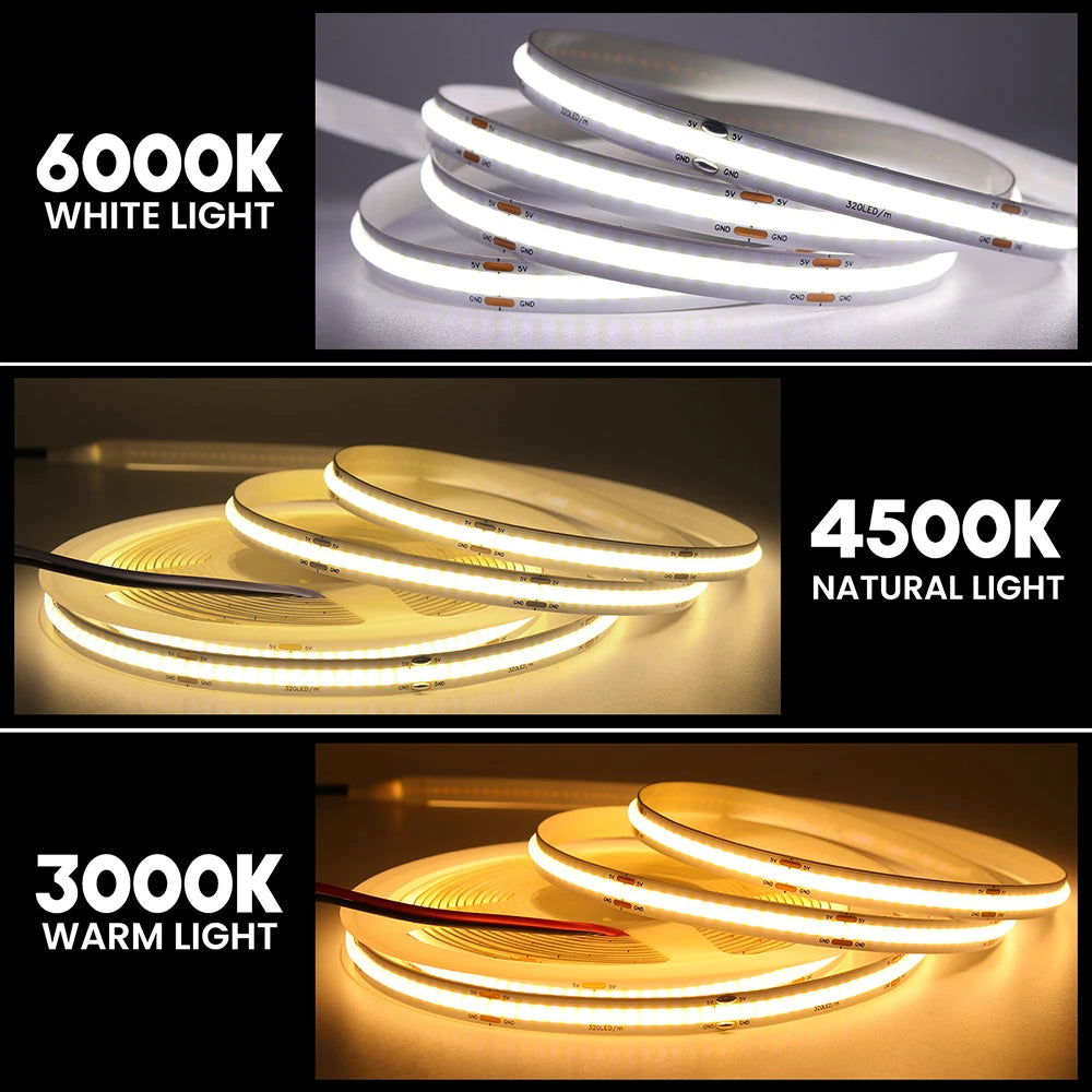 Striscia LED COB flessibile 320 LED/m 5V/12V/24V – 0,5‑5 m, varie temperature…