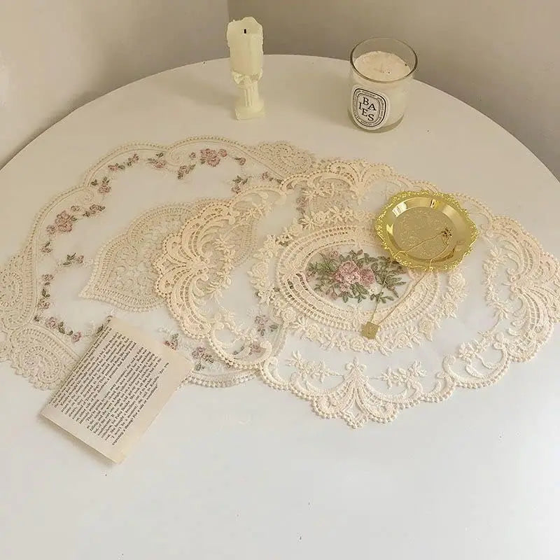 Large Beige Retro Lace Placemats, French Crochet Doilies, Handmade Embroidered Table Mats, Place Mats Cup Mat