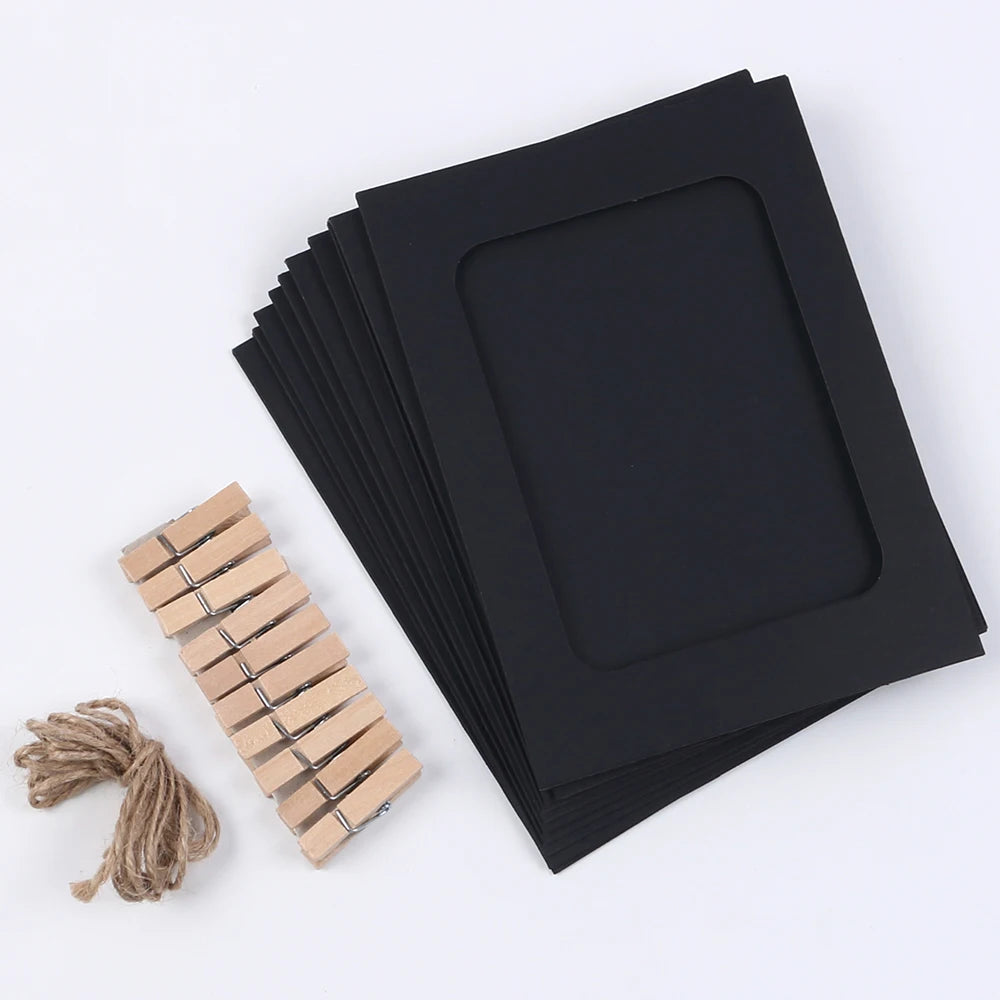 Set 10 Cornici Foto Carta con Clip Legno e Corda per Decorazione Muro