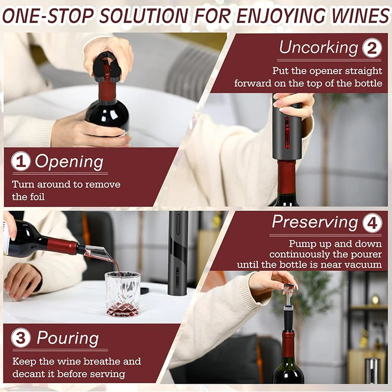 Apertura elettrica per vino con supporto, tagliacapsula, versatore e tappo