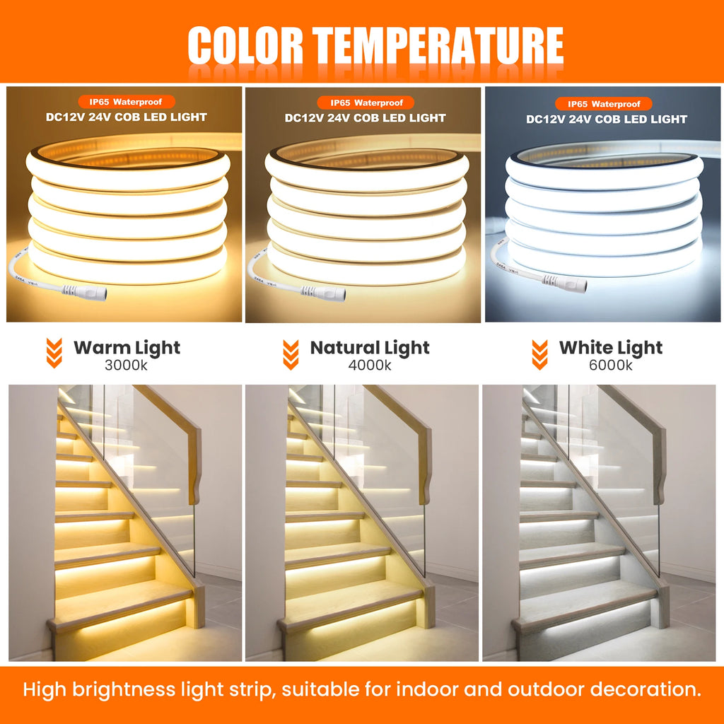 Striscia LED Neon COB Flessibile Impermeabile 12V 24V Alta Luminosità