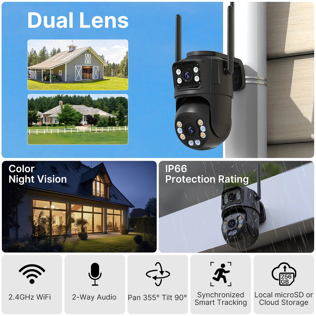 Camera Wi‑Fi 8MP PTZ con doppia lente, AI tracking e visione notturna a colori