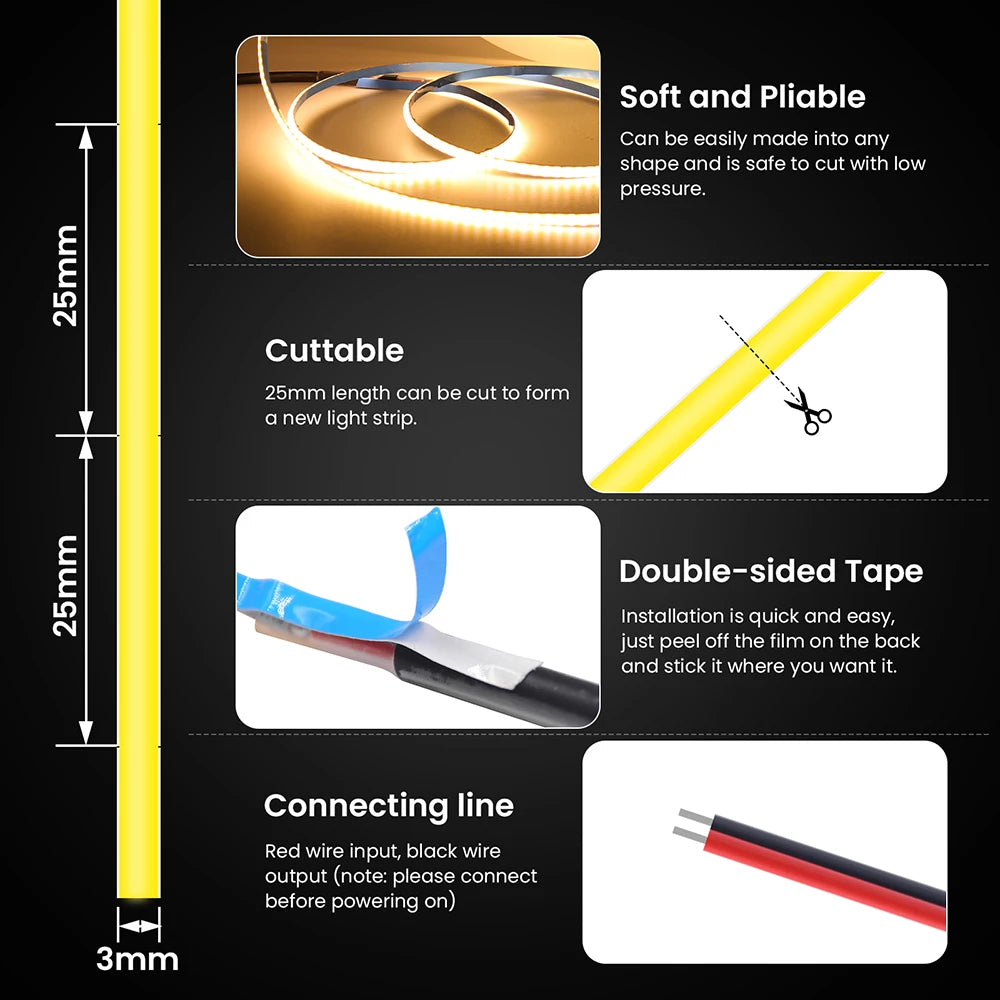 Striscia LED COB flessibile 320 LED/m 5V/12V/24V – 0,5‑5 m, varie temperature…
