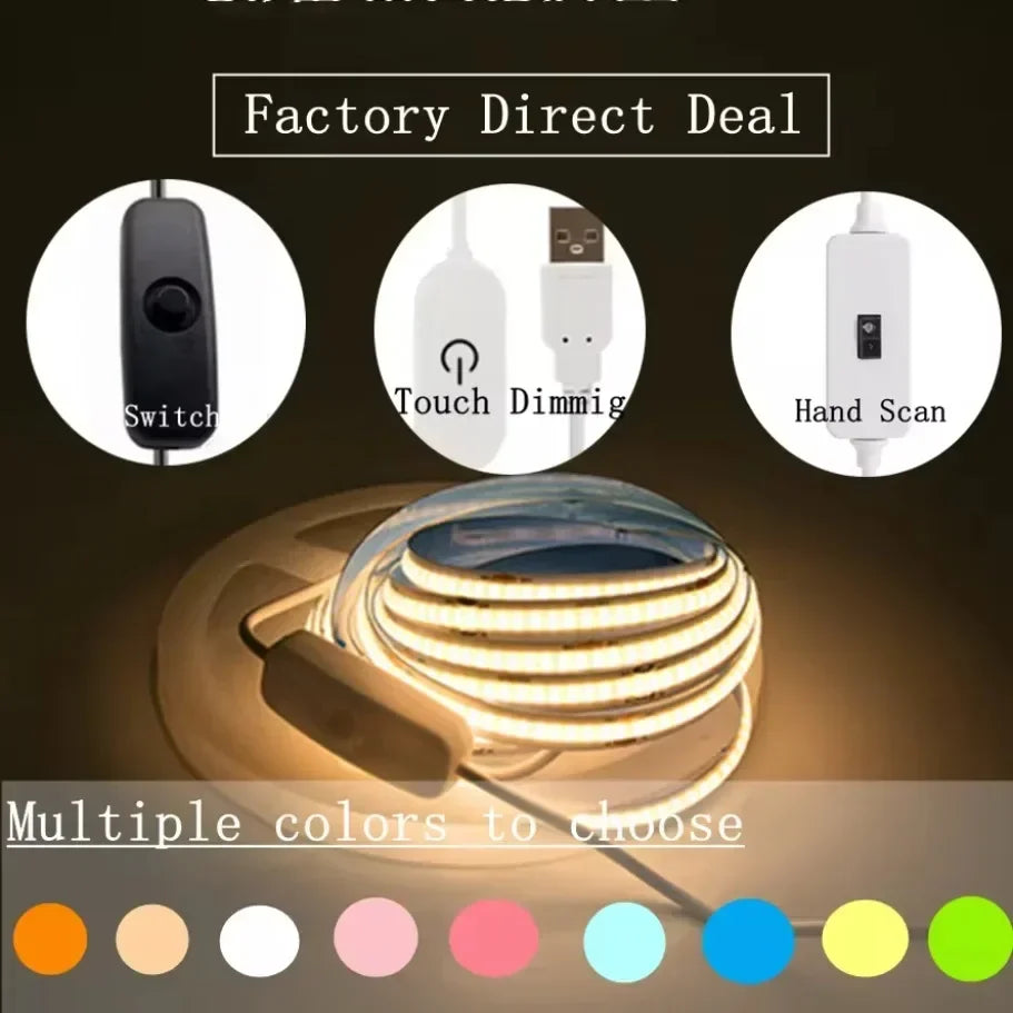 Striscia LED COB USB 5V dimmerabile, 320 LED/m, colori regolabili, 0,5‑5 m